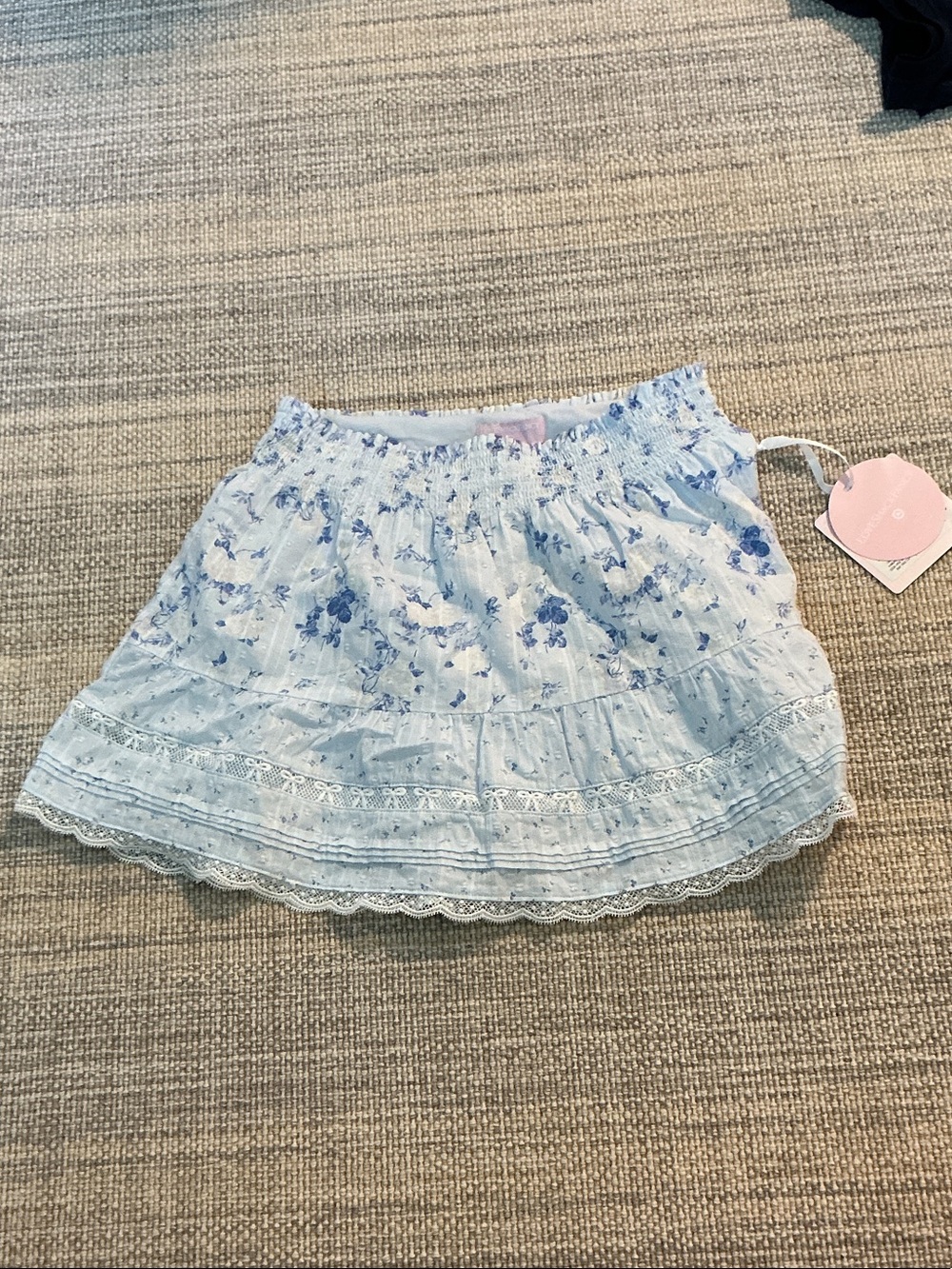 LoveShackFancy Light Blue Floral Lace-Trim Tiered Skirt